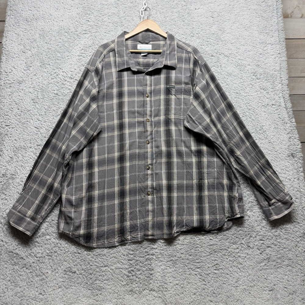 Columbia Mens 4X Button Up Long Sleeve Gray Plaid Shirt Chest Pocket Stretch